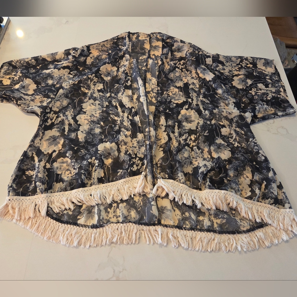 Semi Sheer Neutral Abstract Floral Fringe Kimono Throw Over Shawl - Picture 3 of 5